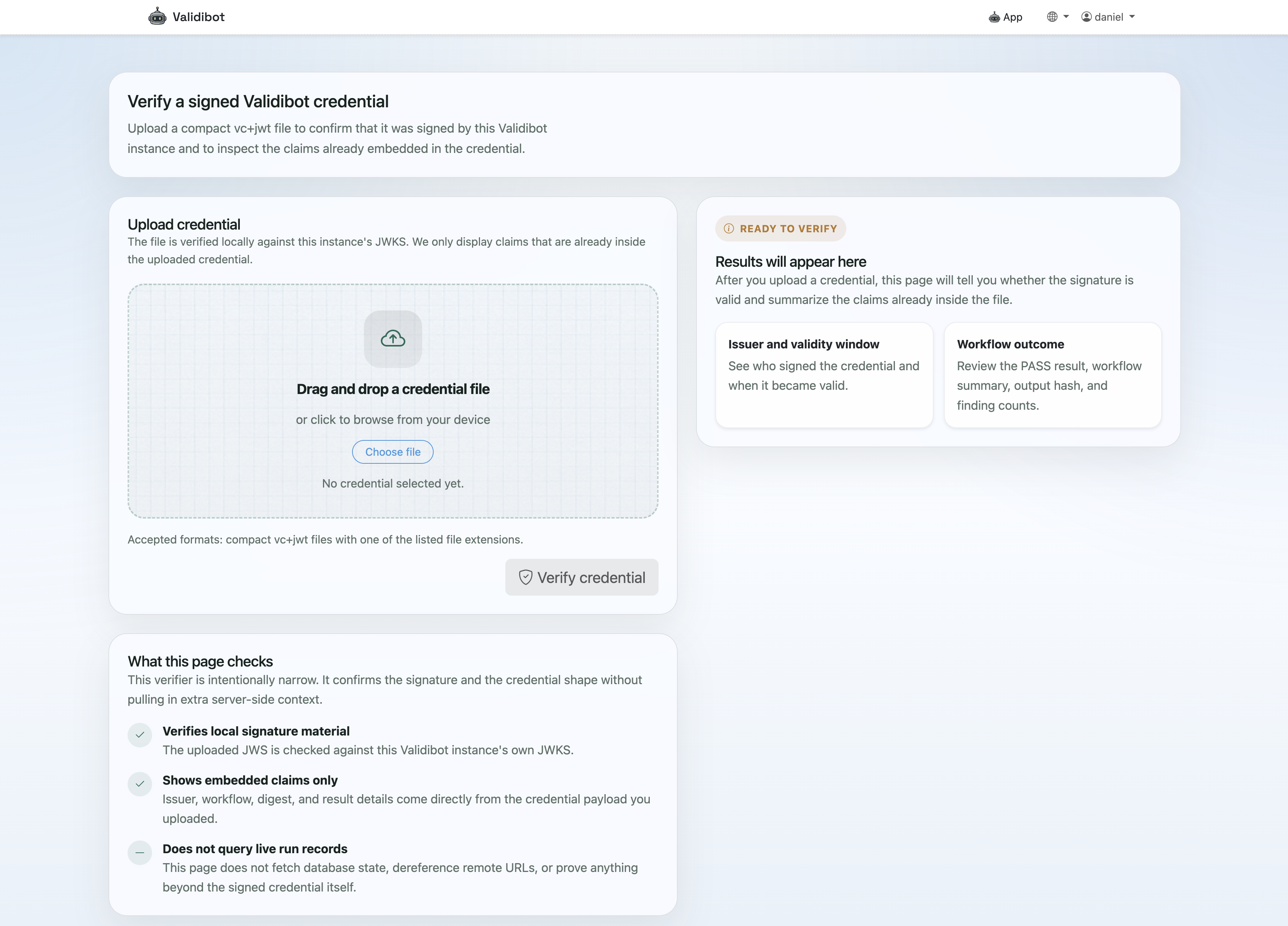 A screencapture of the public 'verify credentials' screen on Validibot