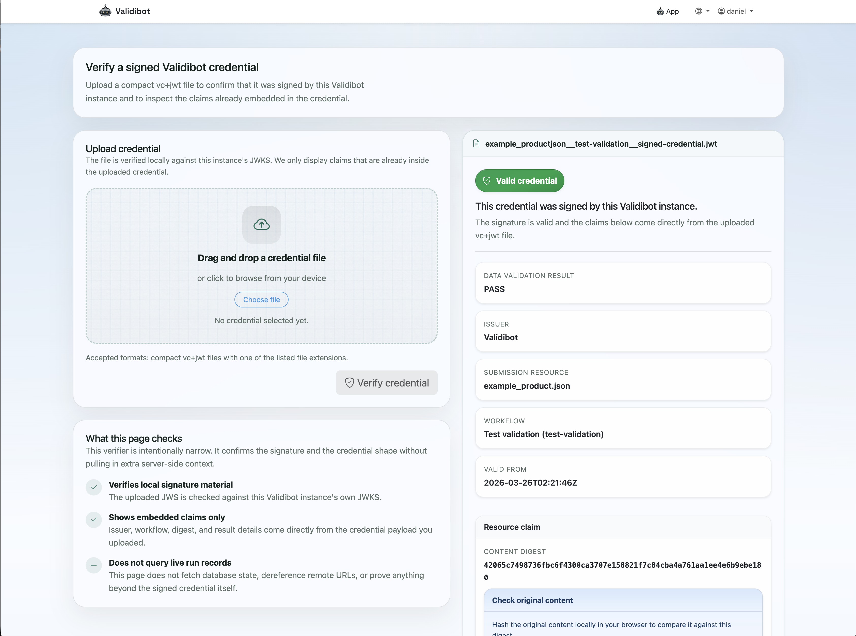 A screencapture of the public 'verify credentials' screen on Validibot with a valid credential displayed