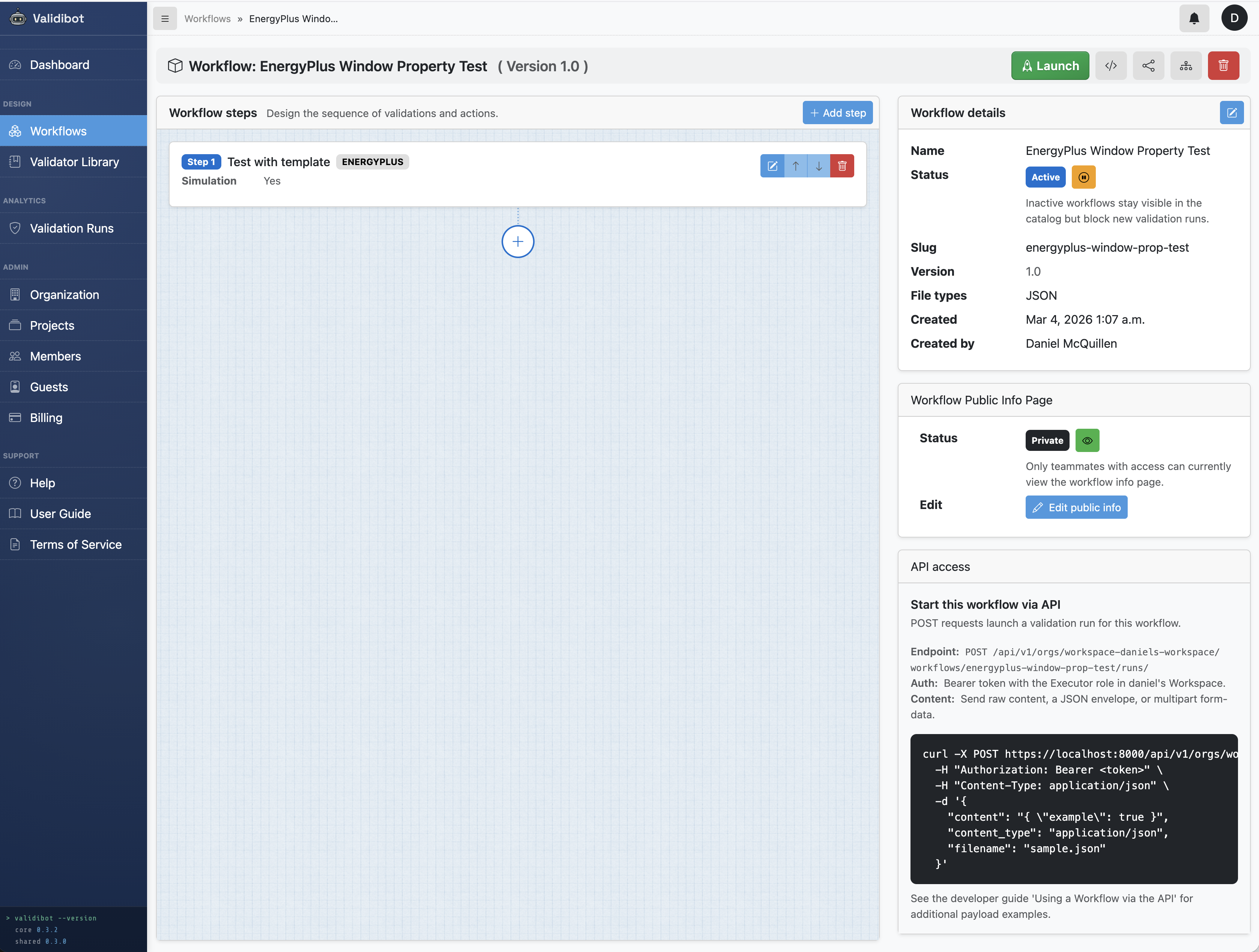 Workflow overview showing the EnergyPlus validation step and API access details