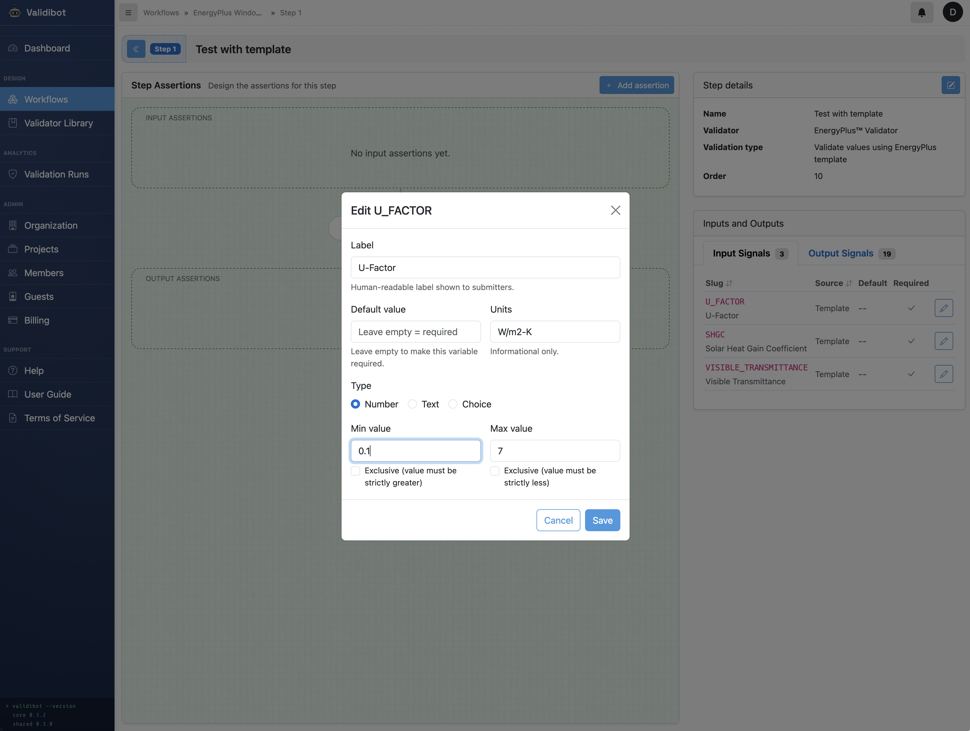 Edit modal for U_FACTOR input signal showing type, range, and unit configuration