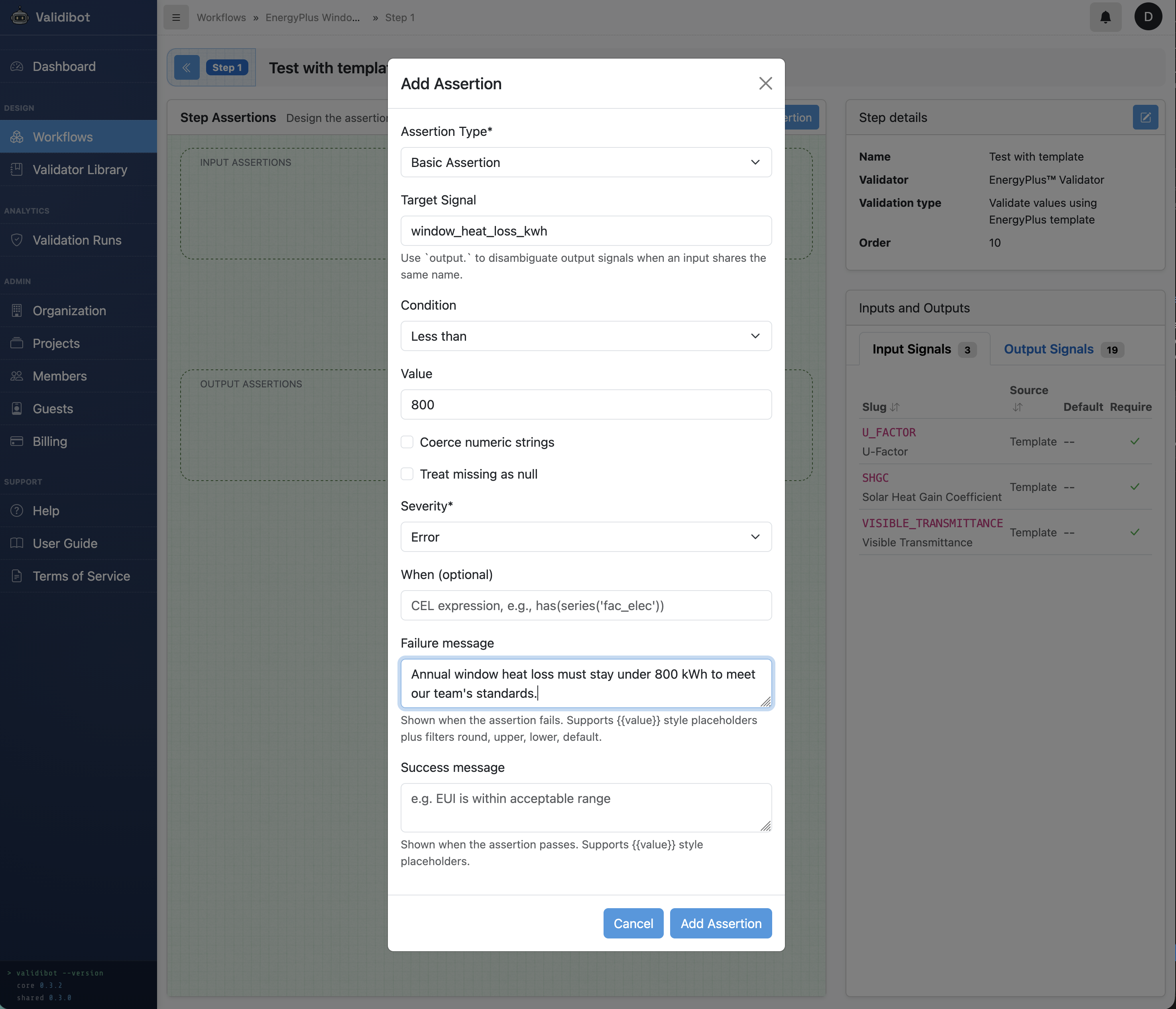 Add Assertion dialog configuring a window heat loss limit