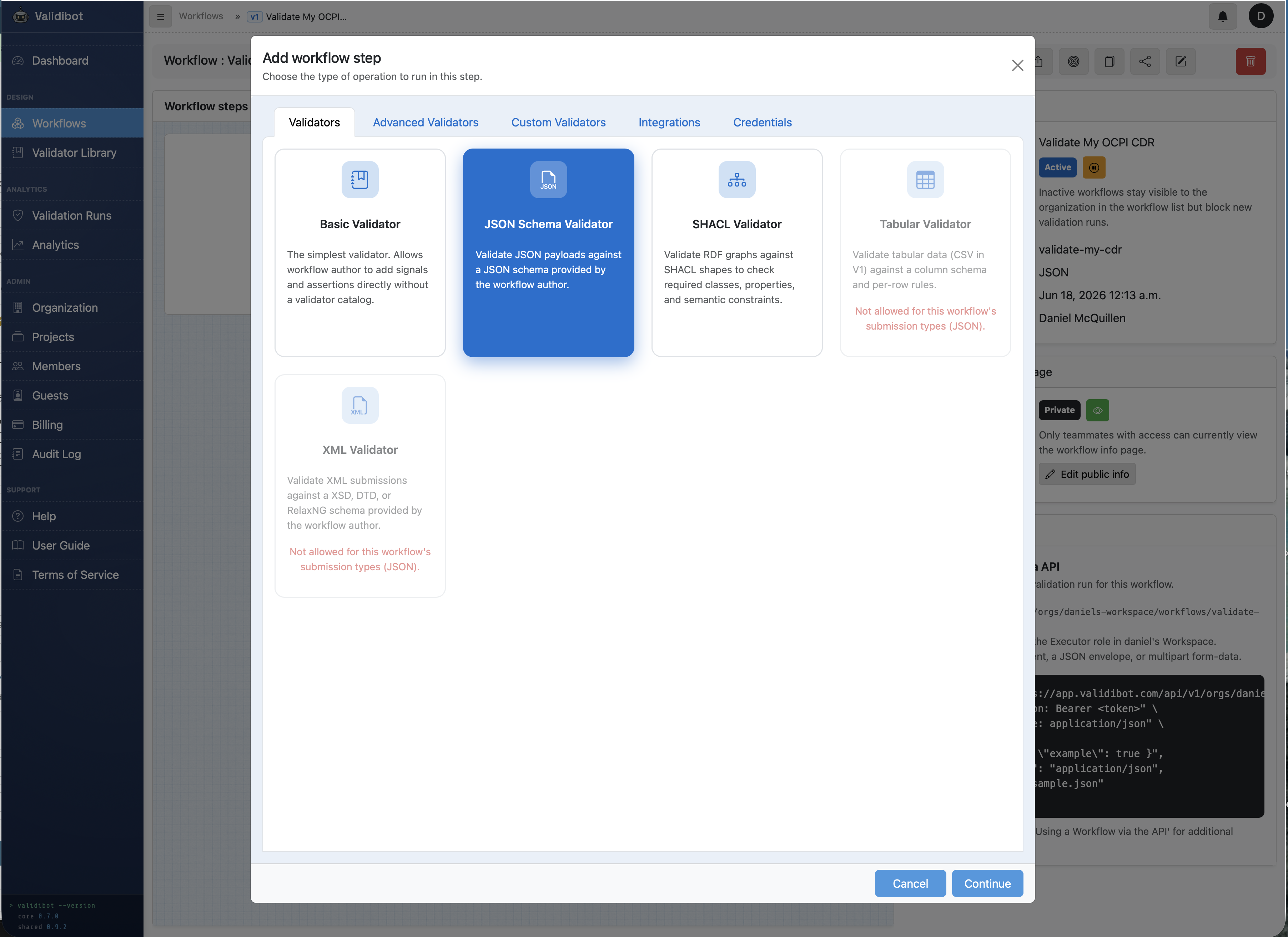 Choosing the JSON Schema validator when adding the first workflow step in Validibot.