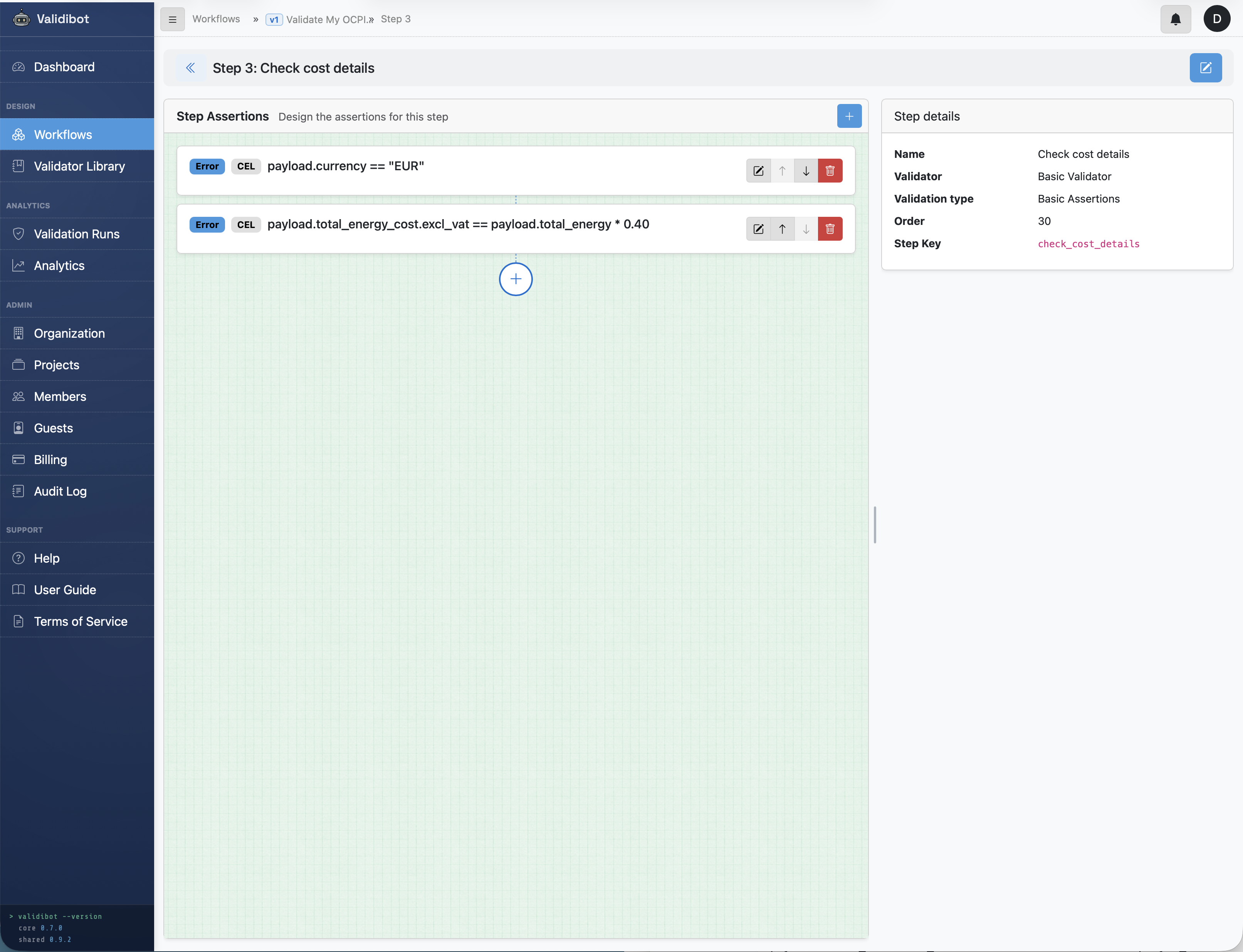 The extra-data checks configured as CEL assertions in a third workflow step.