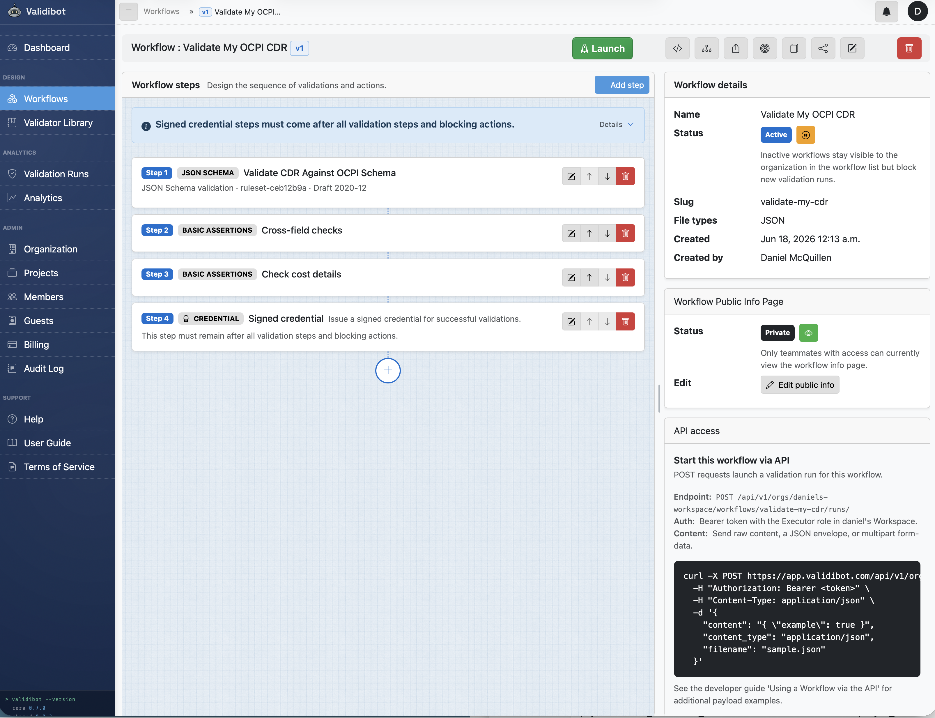 The complete Validibot workflow with four steps, the fourth issuing a signed credential.