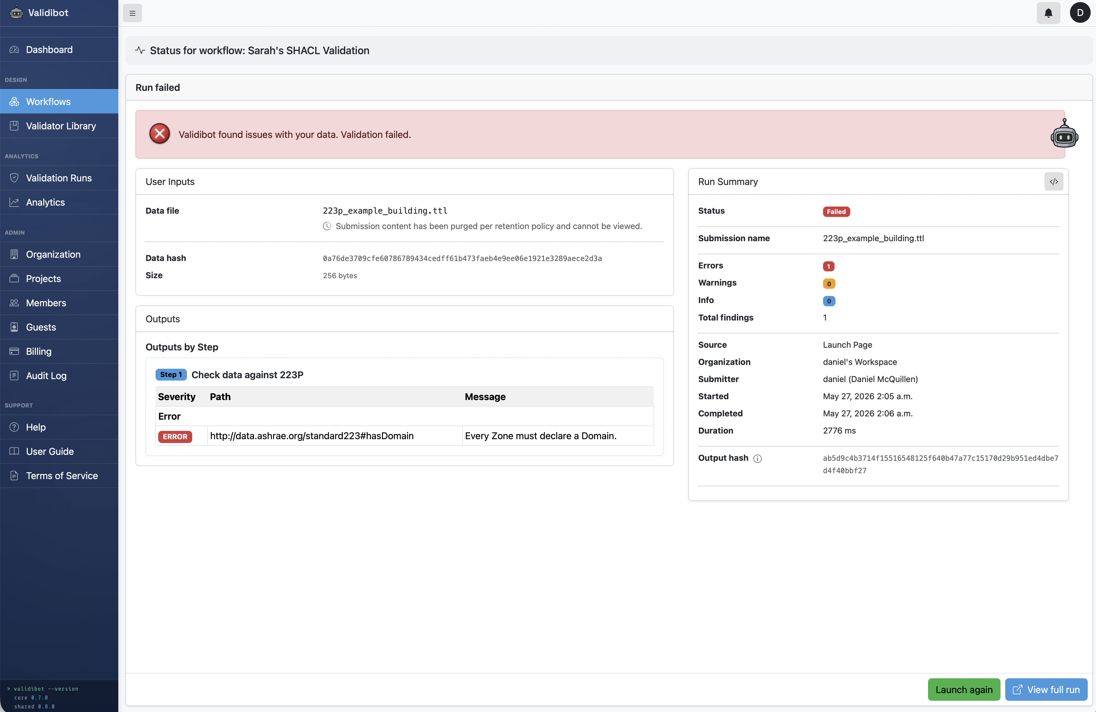 Screenshot of the Validibot run status page showing a failed run with one error: Every Zone must declare a Domain.