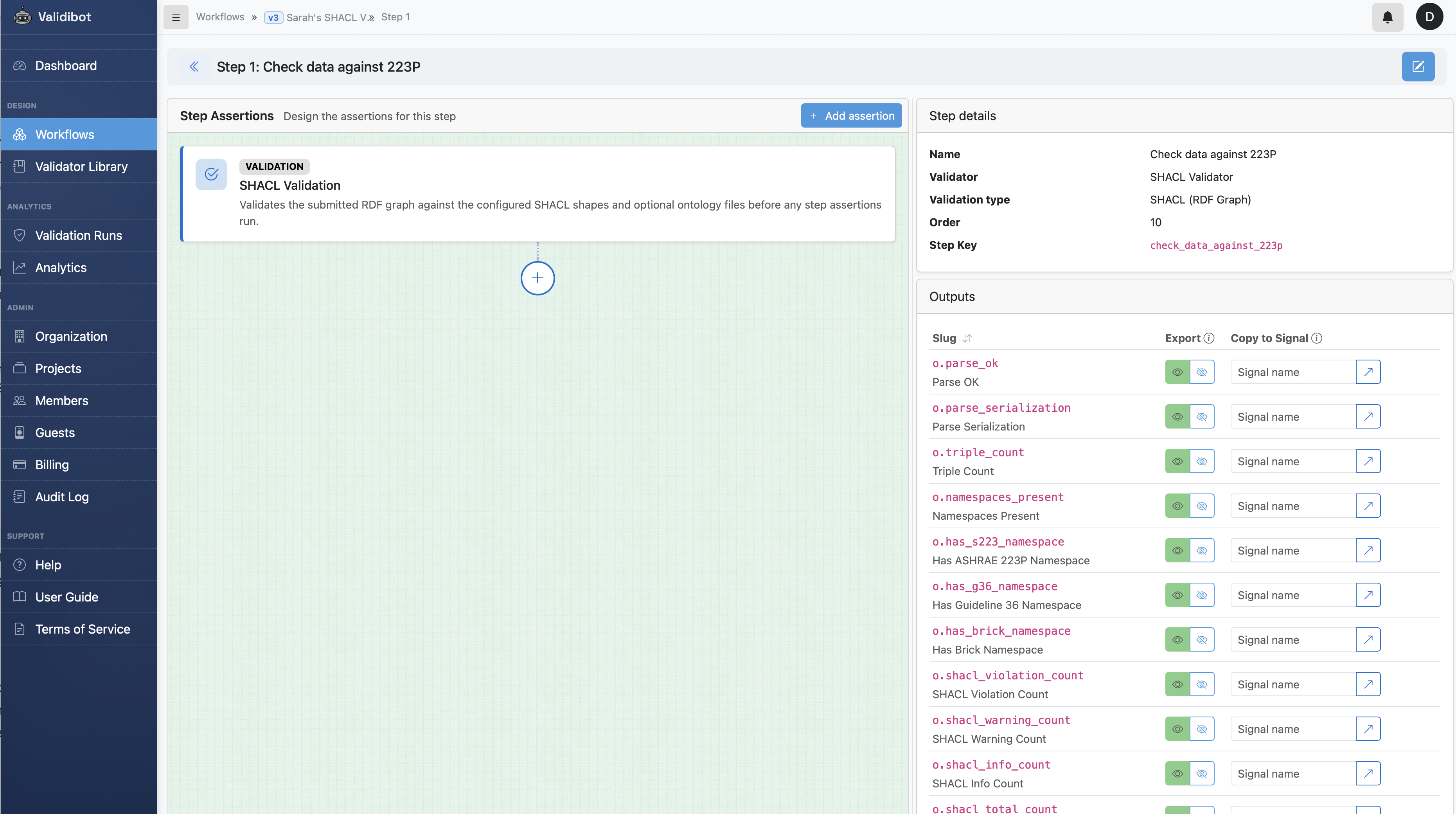 Screenshot of the SHACL Validator step editor. The Add assertion button sits at the top of the step assertions area, and the Outputs sidebar lists signals like o.parse_ok, o.triple_count, and o.shacl_violation_count.
