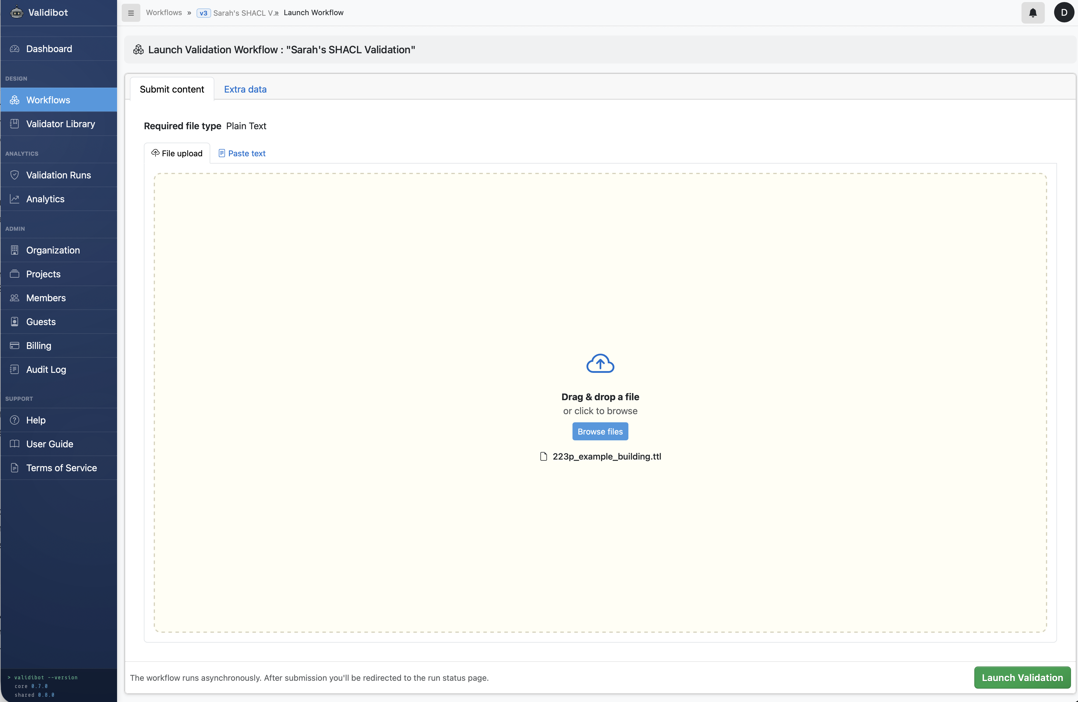 Screenshot of the contractor's launch form, with a 223p_example_building.ttl file selected for upload.