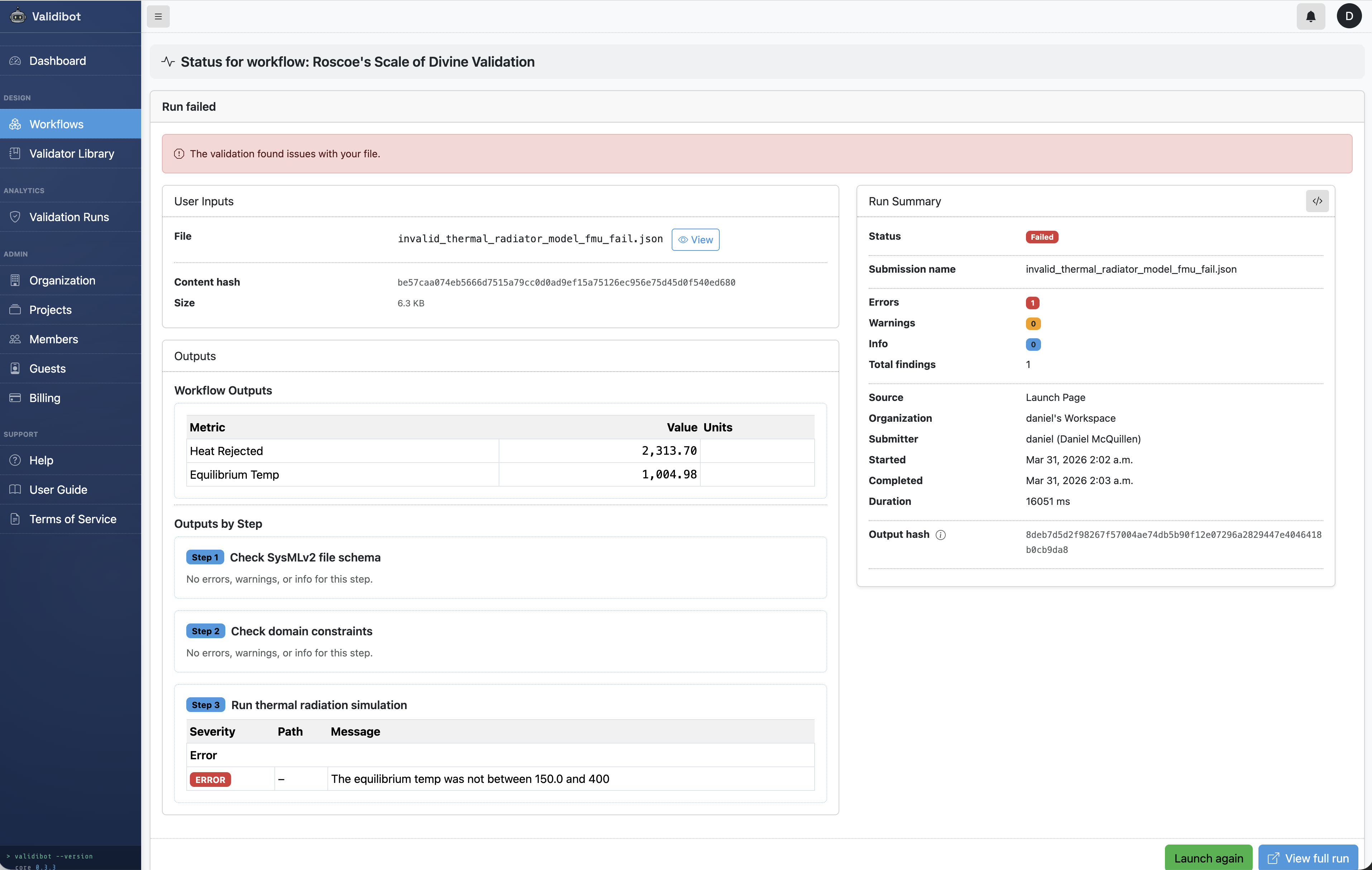 Validibot failed submission screenshot showing step 3 failed