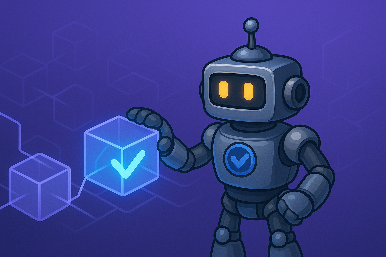 Illustration of the Validibot robot interacting with a blockchain