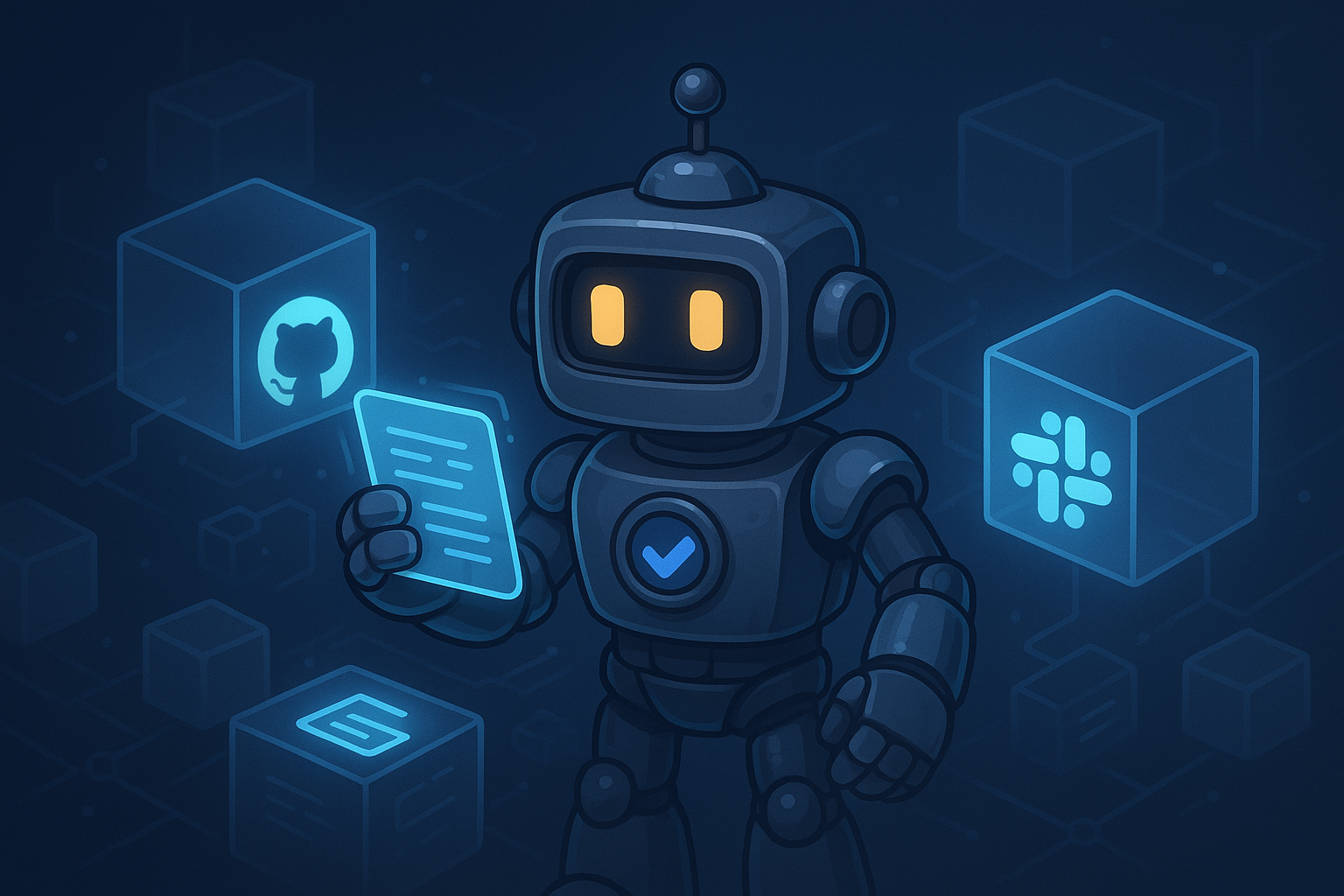 Illustration of the Validibot robot amidst various integration logos