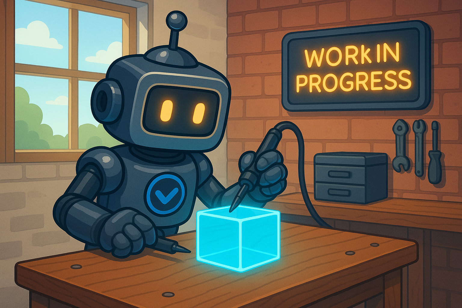Robot working at table with 'work in progress' sign in background.